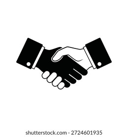 Uma simples ilustração em preto e branco com duas mãos tremendo, simbolizando um acordo de negócios ou parceria, com um estilo minimalista e linhas em negrito