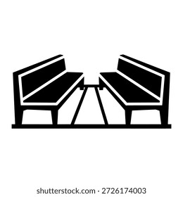 Una simple ilustración en blanco y negro de dos bancos colocados uno frente al otro, separados por un camino estrecho.