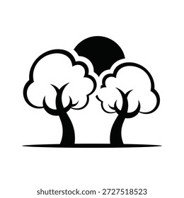 Simple black and white illustration of two trees with sun behind them