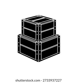 Simple black and white illustration of two wooden crates stacked on top of each other, representing storage or shipping