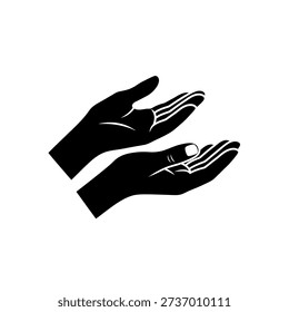A simple black and white illustration of two hands with palms open, symbolizing offering, help, or acceptance.