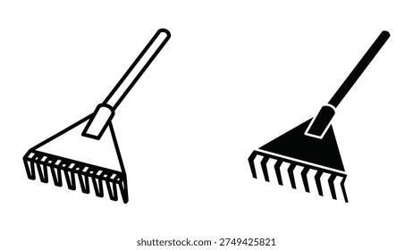 Simple black and white illustration of two rakes, one outlined and one filled, against a plain white background.