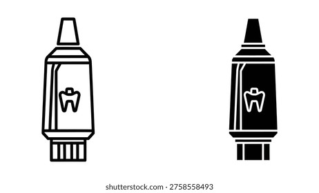 Simple black and white illustration of two toothpaste tubes with tooth logos, one light and one dark, on a white background.