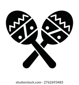 Simple black and white illustration of two crossed maracas with decorative patterns