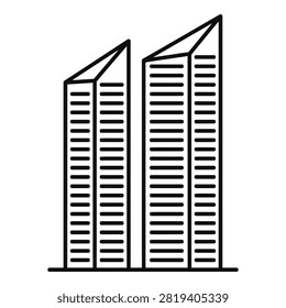 Simple black and white illustration of two tall buildings with pointed tops and horizontal lines, representing modern city architecture and urban landscape