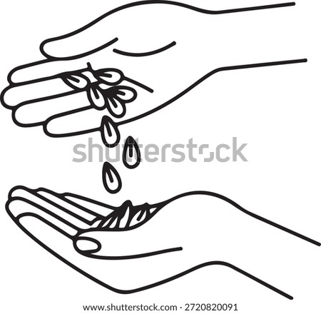 Simple black and white illustration of two hands passing water from one to another representing care and conservation of natural resources and promoting eco-friendly practices.