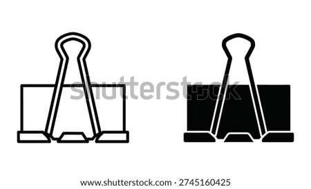 Simple black and white illustration of two binder clips, one outlined and one filled, on a plain white background.