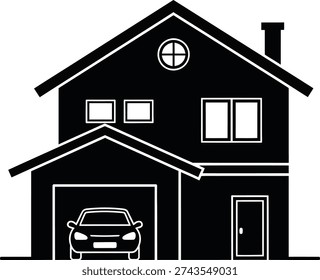 A simple black and white illustration of a two-story house with a garage, a car parked inside, and a chimney on the roof