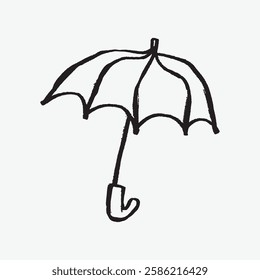 Simple black and white illustration of an umbrella. Hand-drawn umbrella with curved handle. Minimalist umbrella sketch on a plain background. Line art illustration vector.