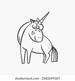 Simple black and white illustration of a unicorn with a heart on its cheek. The unicorn is cartoonish and whimsical, with a single horn and closed eyes. Line art illustration vector.