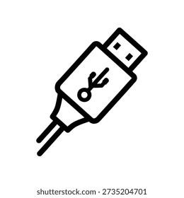 Simple black and white illustration of a USB cable with a connector and cord.