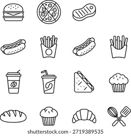 Simple black and white illustration of various fast food items arranged in a grid pattern.