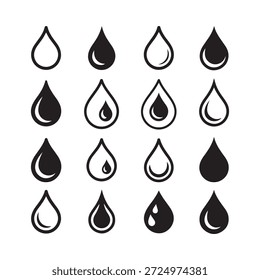 Simple black and white illustration of various water drop shapes and forms