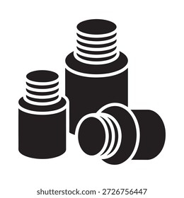 Ilustración simple en blanco y negro de varios contenedores cilíndricos y tapas