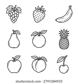 A simple black and white illustration of various fruits including grapes, strawberry, banana, pear, orange, pineapple, apple, peach, and cherry.
