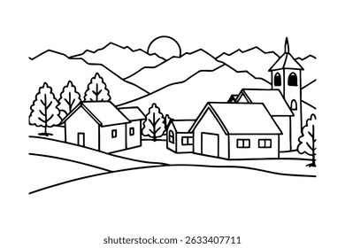 Simple black and white illustration of a village with mountains trees and church at sunset