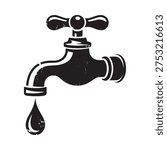A simple black and white illustration of a water faucet with a droplet