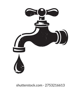 A simple black and white illustration of a water faucet with a droplet