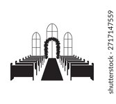 Simple black and white illustration of a wedding ceremony setup with an arch