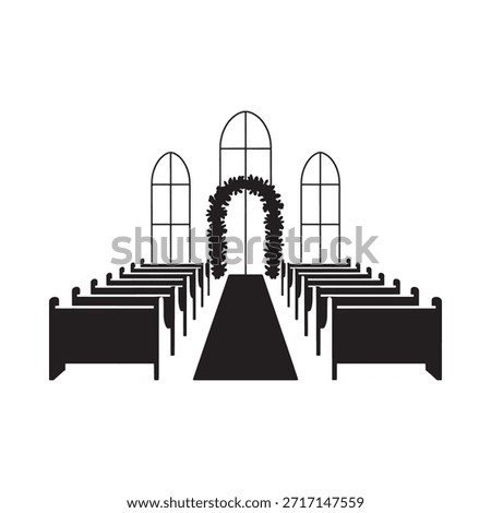 Simple black and white illustration of a wedding ceremony setup with an arch