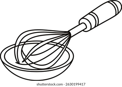 Simple black and white illustration of a whisk mixing contents in a bowl for cooking