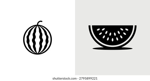 Simple black and white illustration of a whole watermelon and a bowl slice for food and summer theme designs
