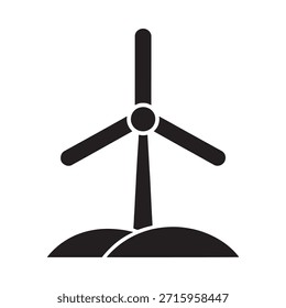 Simple black and white illustration of a wind turbine on a hill
