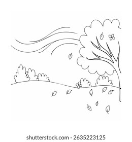 Simple black and white illustration of windy day with trees shrubs and falling leaves