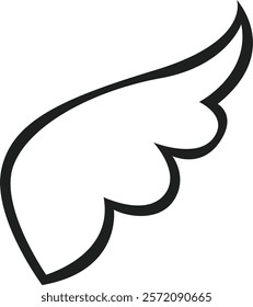 Simple black and white illustration of a wing soaring through the air, representing freedom, flight, and spiritual ascension, perfect for conveying concepts of travel, dreams, and inspiration