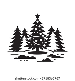 Ilustración simple en blanco y negro de árboles de invierno con nieve