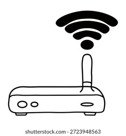 Una simple ilustración en blanco y negro de un router inalámbrico que emite señales Wi-Fi. El estilo de dibujo está dibujado a mano con líneas limpias.