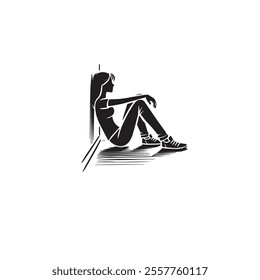 A simple black and white illustration of a woman sitting on the ground against a wall, reflecting composure and thoughtfulness, rendered in a minimalist artistic style.