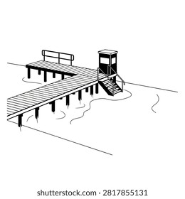 A simple black and white illustration of a wooden pier extending into the water, featuring a small guard tower with stairs.