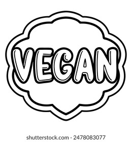 A simple black and white illustration of the word vegan in a speech bubble