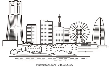 A simple black and white illustration of Yokohama, Japan.