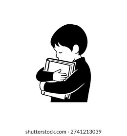 A simple black and white illustration of a young boy with closed eyes, holding books close to his chest, symbolizing love for reading and learning.