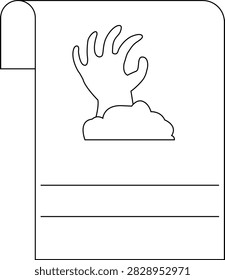 A simple black and white illustration of a zombie hand reaching out from the ground, with space for text.