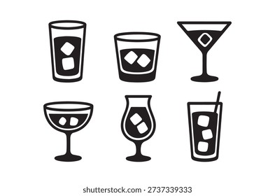 Simple black and white illustrations of different cocktail glasses, some filled with ice.