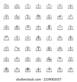 Simple black and white illustrations drawn with thin line. Editable stroke. Line icon set with vector signs of various items on monitor or modern laptop 