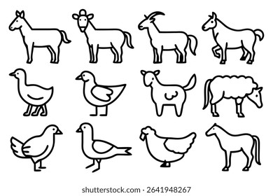 Simple black and white illustrations of farm animals and birds in outlined cartoon style