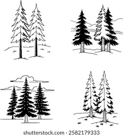 Simple Black and White Illustrations of Forest Scenes Set.