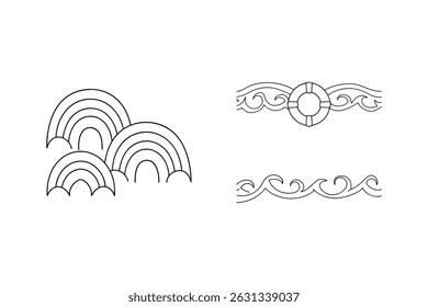 Simple black and white illustrations of rainbows waves and life buoy on white background
