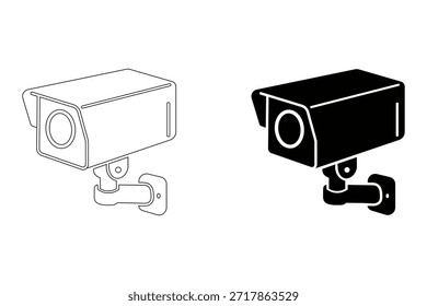 Ilustraciones simples en blanco y negro de una cámara de seguridad en forma de contorno y sólido.