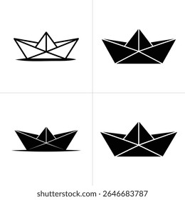 Simple black and white illustrations showing different stylistic depictions of paper boats. Two are in outline form, and two are solid black against a white background.