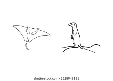 Simple black and white illustrations of a stingray and a meerkat on white background