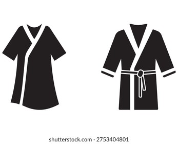 Simple black and white illustrations of two shortsleeved kimonostyle robes with white trim one with a belt and one without