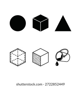 Ilustraciones simples en blanco y negro de varias Formas 3D y una lata de pintura