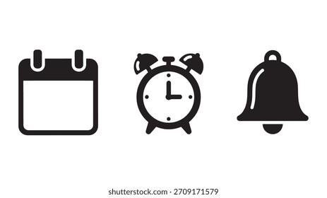 Una simple Imagen en blanco y negro de un calendario, reloj despertador y el icono de la campana de notificación en una fila