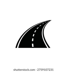 A simple black and white image of a curved road with dashed lines