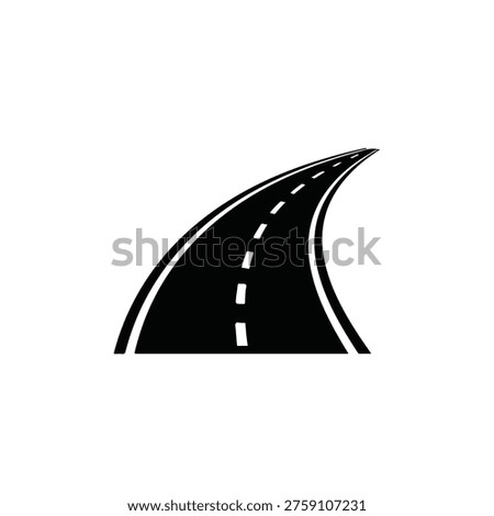 A simple black and white image of a curved road with dashed lines